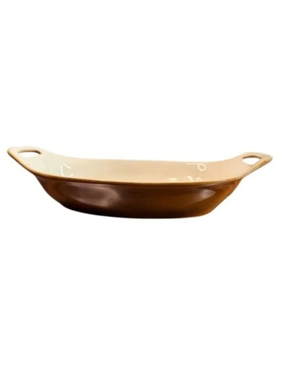 Pier 1 Imports Oval Stoneware Baking Dish Brown Cream Casserole Baker with Handl